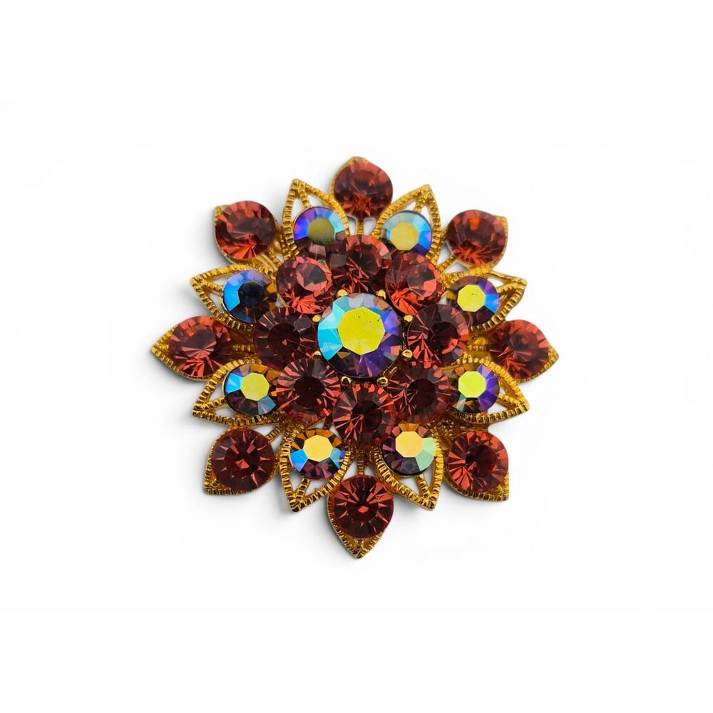 Vintage Red AB Rhinestone Convertible Brooch Hair Clip Gold Tone Floral